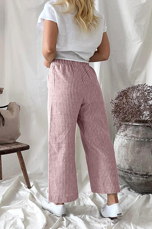 Pantalones rectos casuales de algodón y lino para mujer
