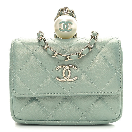 Iridescent Caviar Quilted Pearl On Top Coin Purse With Chain Light Green