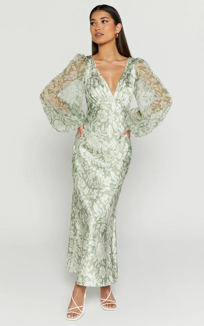 Freollyn Midi Dress - Deep V Neck Long Sleeve Dress in Sage