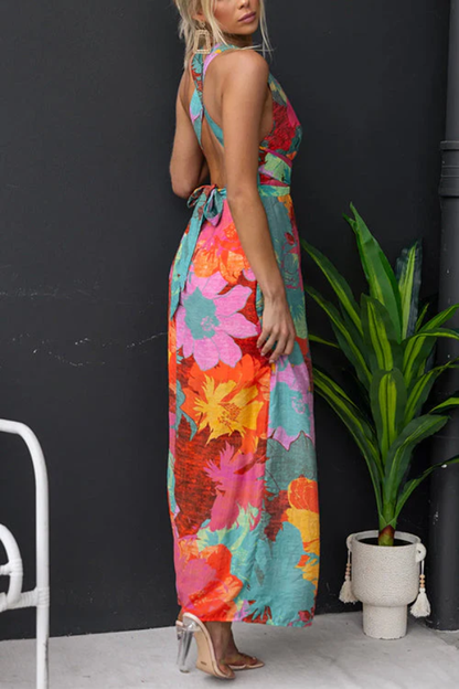 Vestido largo con cuello en V, sin mangas, con lazo en la espalda y estampado floral
