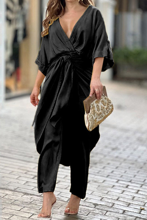 Traje casual elegante de moda con escote en V, cintura alta y color sólido