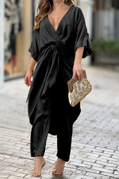 Traje casual elegante de moda con escote en V, cintura alta y color sólido