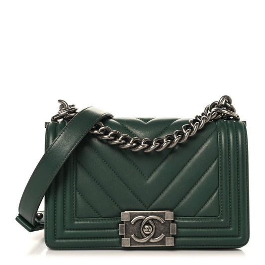 Calfskin Chevron Quilted Small Boy Flap Green