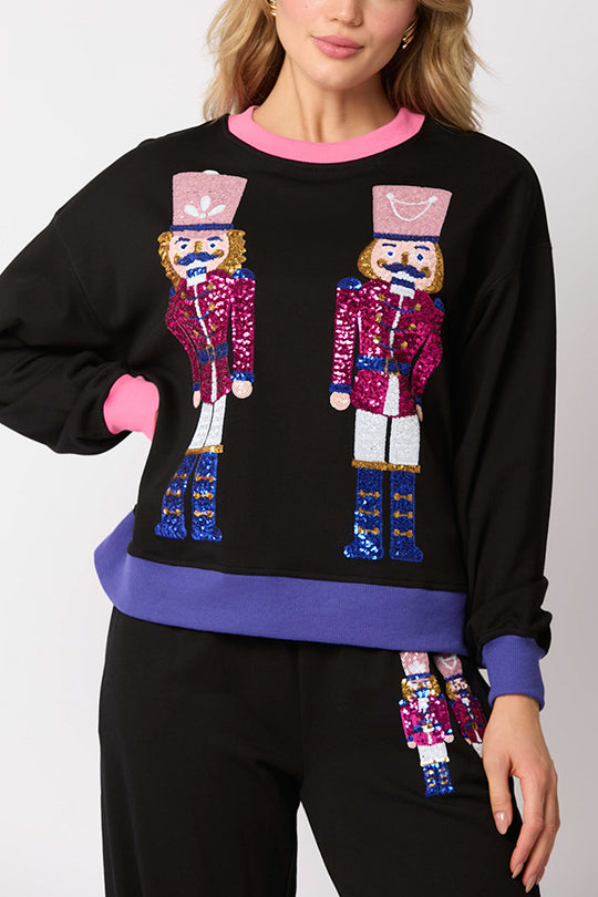 Conjunto de sudadera con lentejuelas y pantalones holgados con cintura elástica y bolsillos de estilo soldado navideño