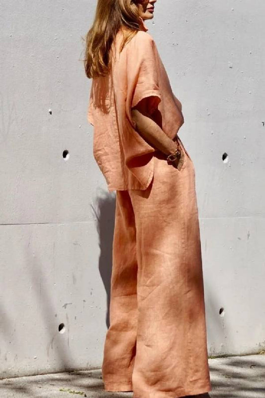 Traje casual de lino naranja de dos piezas