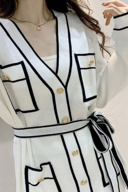 Elegante traje de suéter de dos piezas con contraste de colores