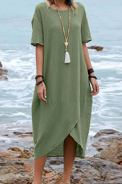 Vestido midi retro de lino y algodón de color liso con cuello redondo y manga corta
