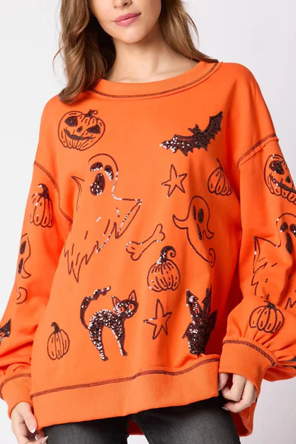 Sudadera informal holgada con lentejuelas y grafiti de Halloween 