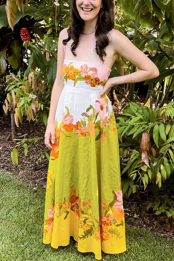 Vestido largo de mezcla de lino con estampado floral en contraste y bolsillos fruncidos en la espalda