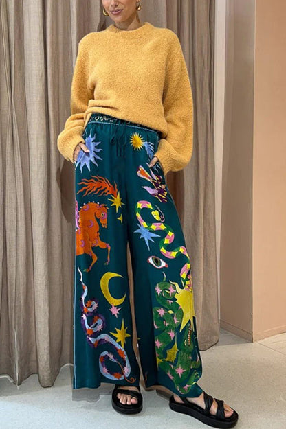 Pantalones Pierson de mezcla de lino con estampado único, cintura elástica, bolsillos y pierna ancha