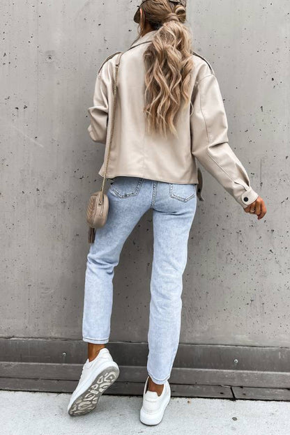Chaqueta corta de cuero estilo británico con bolsillo de solapa