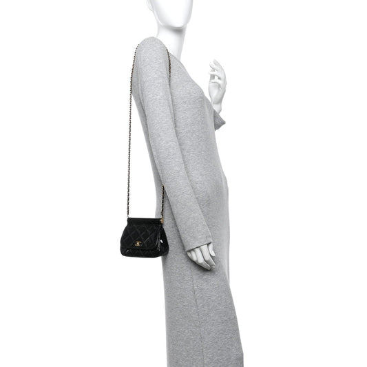 Patent Quilted Frame Clutch Flap With Chain Black