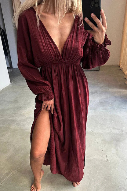 Vestido informal de algodón y lino con escote en V y abertura