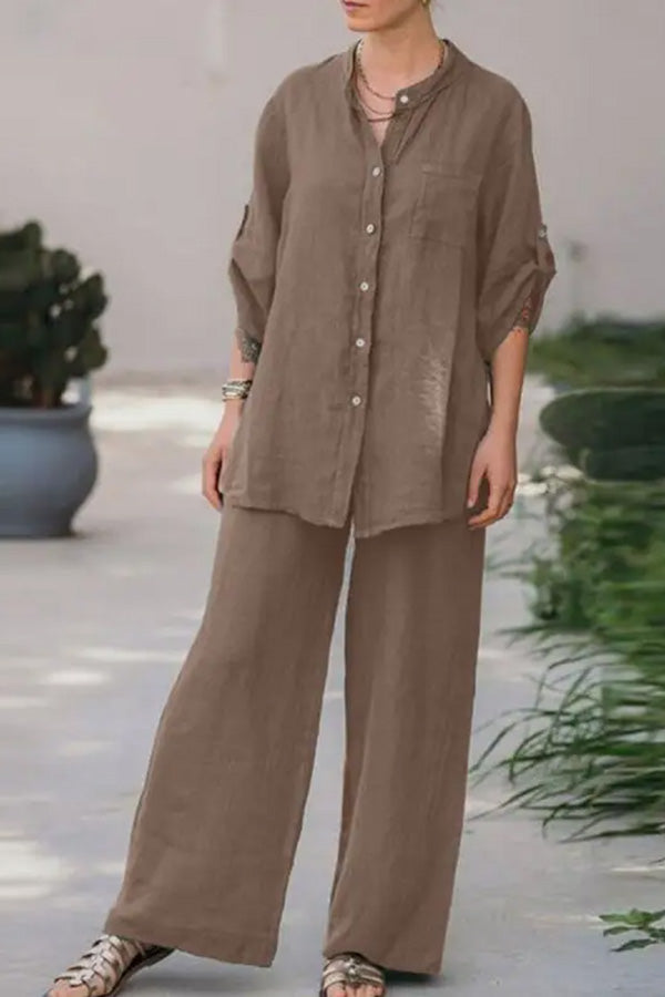 Conjunto de camisa y pantalón de color liso holgado informal