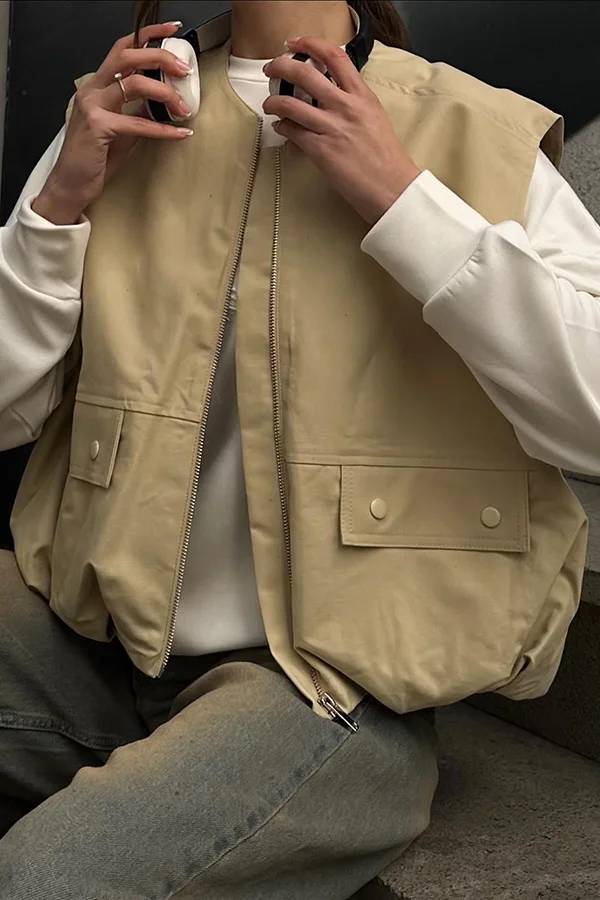 Chaleco informal holgado sin mangas con bolsillos a la moda