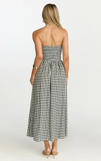 Polly Midi Dress - Strapless Ruched Dress in Black Check