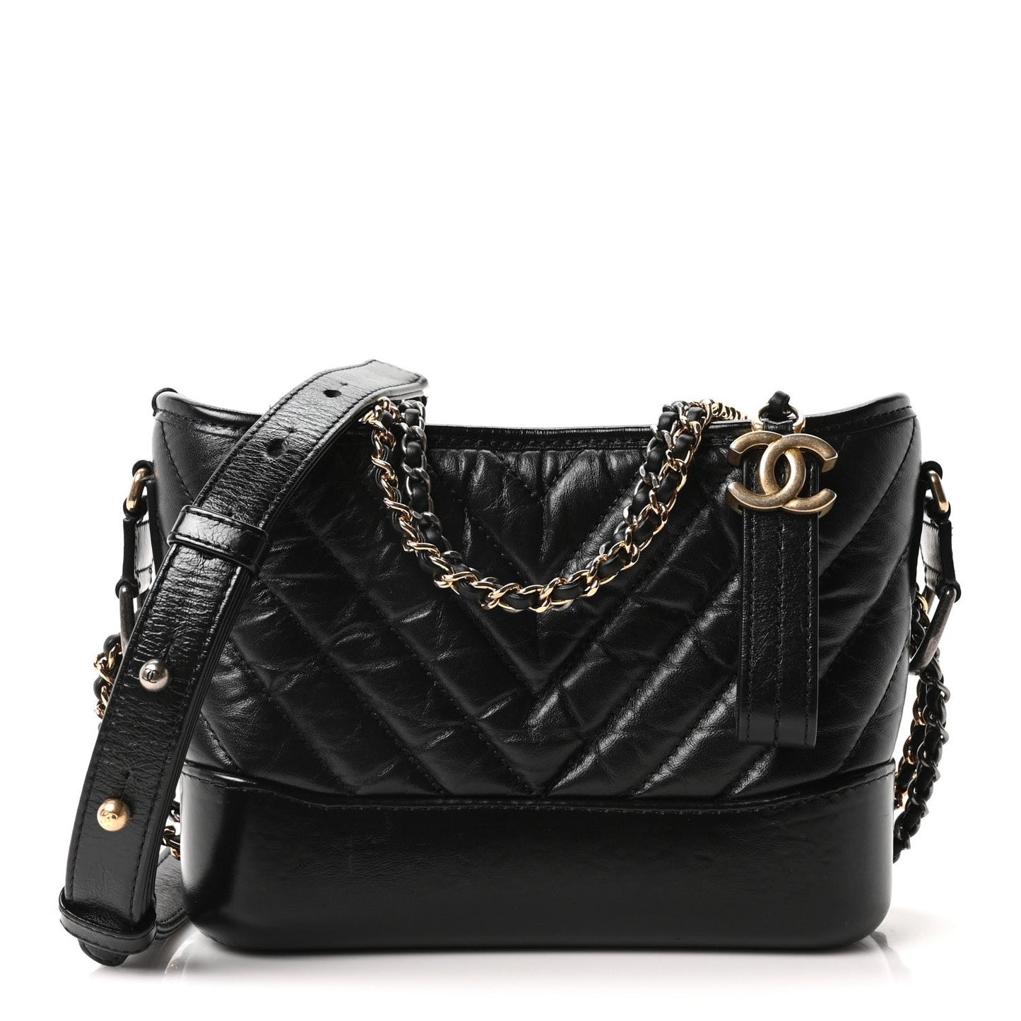 Aged Calfskin Chevron Quilted Small Gabrielle Hobo Black