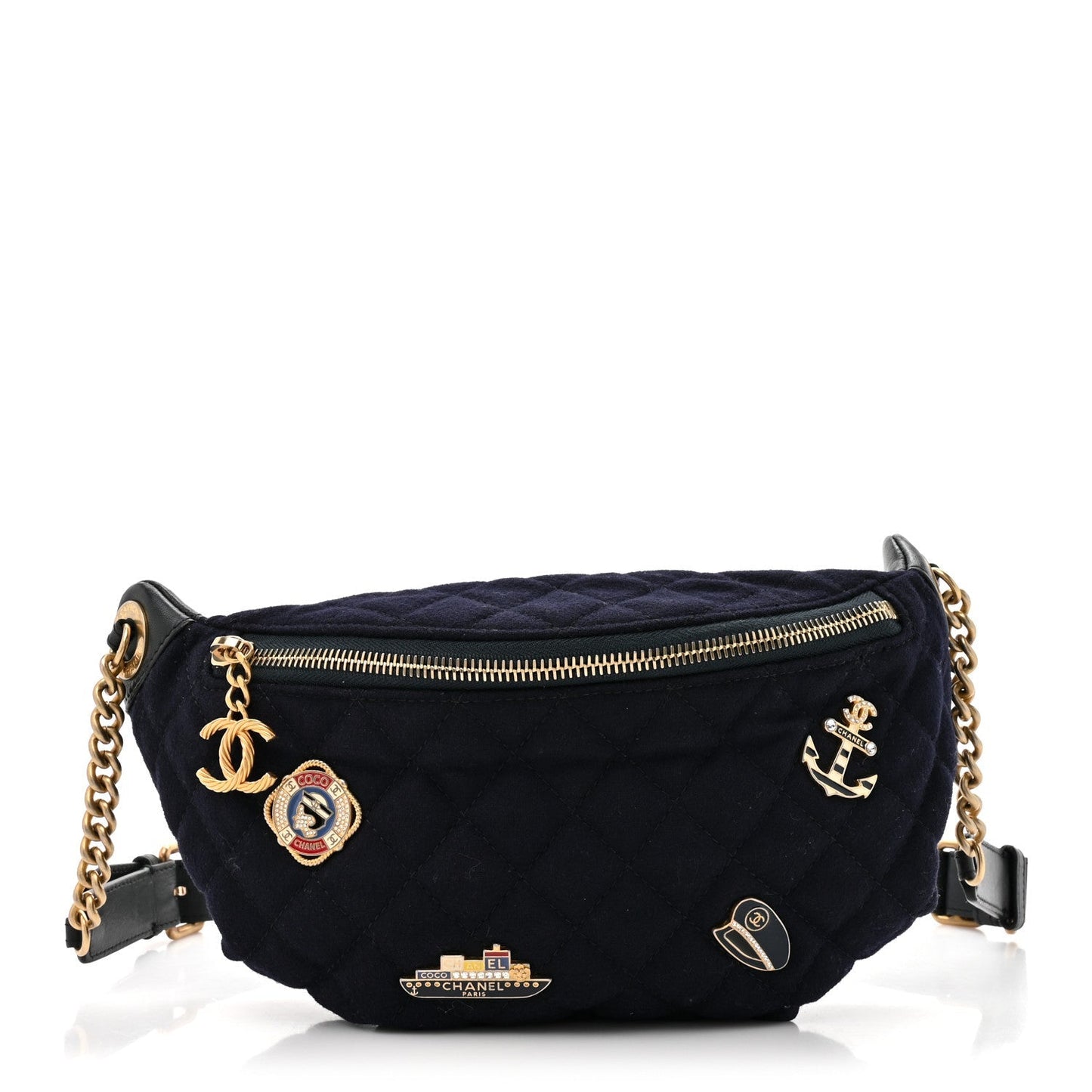 Wool Lambskin Quilted Paris Hamburg Charms Waist Bag Dark Navy