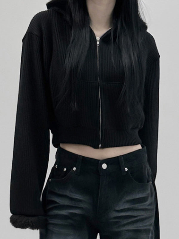 Y2k Black Versatile Solid Color Corduroy Plush Cardigan