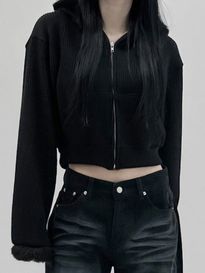 Y2k Black Versatile Solid Color Corduroy Plush Cardigan
