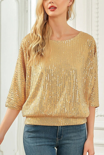 Top casual holgado de cuello redondo con lentejuelas de color liso