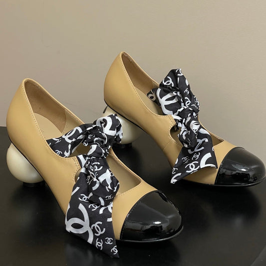 CC 26 Double C Pearl Heel Pump With Silk Ribbon Beige Sheepskin 593156