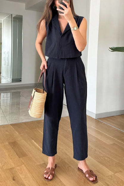 Casual Solid Lapel Vest \u0026 Pants Cotton Linen Two-piece Set