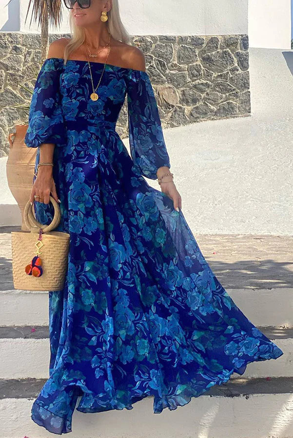 Vestido maxi floral de vacaciones con hombros descubiertos y fruncido en la espalda 