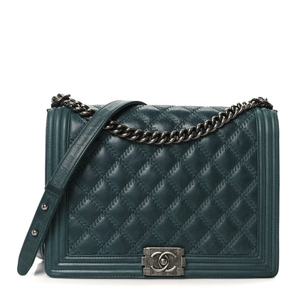Calfskin Quilted Double Stitch Large Boy Flap Green