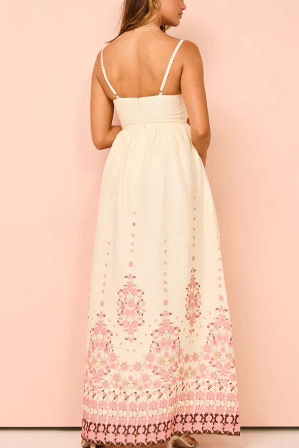 Vestido largo holgado con tirantes y bolsillos, estampado único en mezcla de lino Paradise Flowers