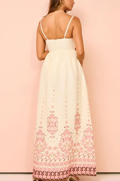 Vestido largo holgado con tirantes y bolsillos, estampado único en mezcla de lino Paradise Flowers