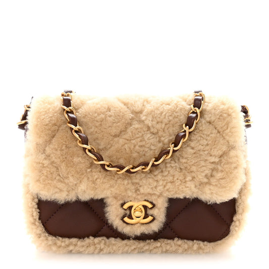 Shearling Lambskin Quilted Mini Furry Coco Flap Beige Dark Brown