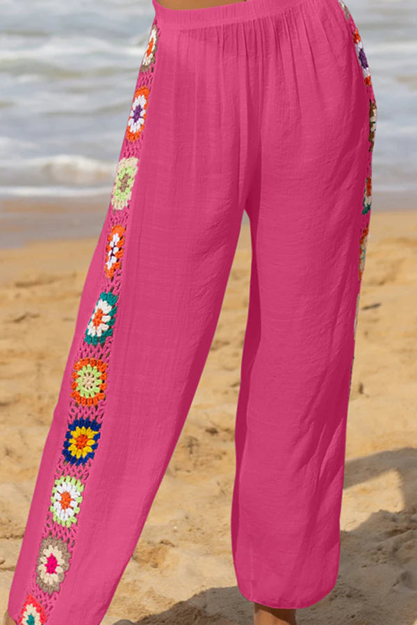 Pantalones Dimarco de lino, mezcla de colores, con flores de crochet y patchwork, cintura elástica y pierna ancha 