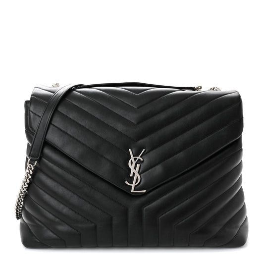 Calfskin Y Quilted Monogram Large Loulou Chain Satchel Black