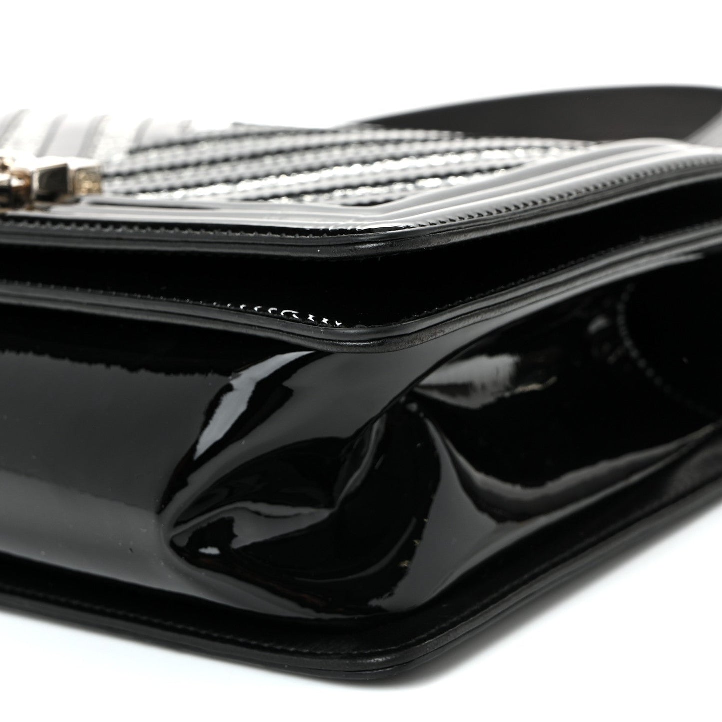 Patent Glitter PVC Chevron Quilted Medium Boy Flap Black Silver