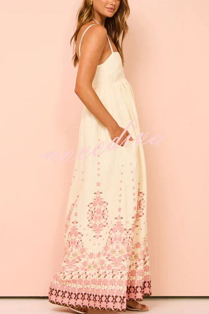 Vestido largo holgado con tirantes y bolsillos, estampado único en mezcla de lino Paradise Flowers