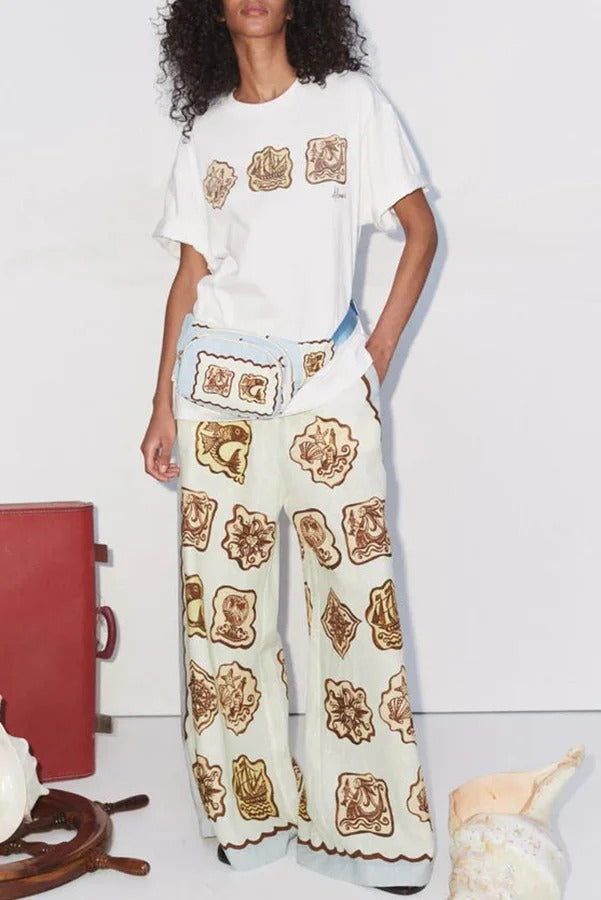 Pantalones anchos con bolsillo y cintura elástica con estampado único de mezcla de lino Lakeside Breeze