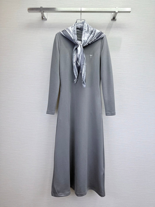 CD 25SS Bee Embroidery Dress Matching Printed Silk Scarf Gray Cotton 306555