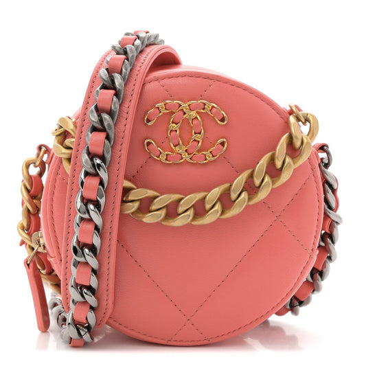 Lambskin Quilted Chanel 19 Round Clutch With Chain Pink