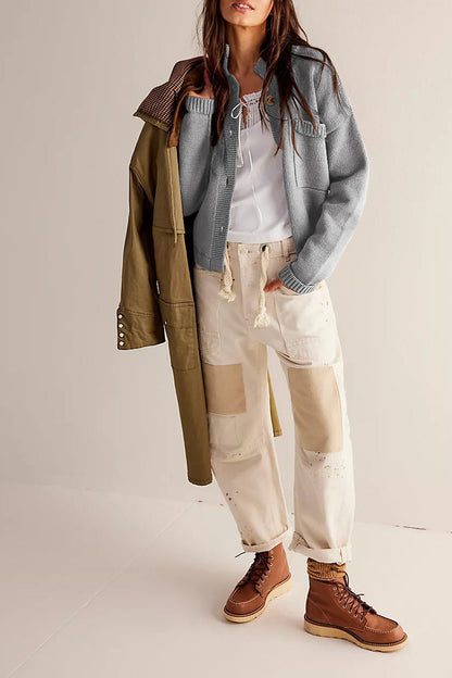 Chaqueta de punto con cuello alto y cárdigan de color liso