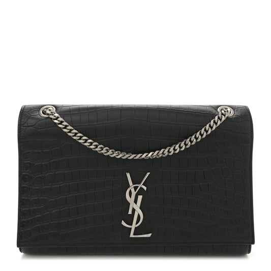 Calfskin Crocodile Embossed Large Classic Monogram Kate Satchel Black