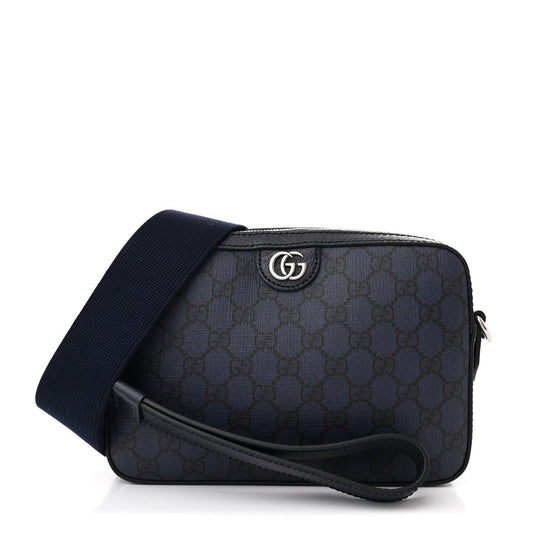 GG Supreme Monogram Textured Dollar Calfskin Web Ophidia Wristlet Shoulder Bag Black Blue