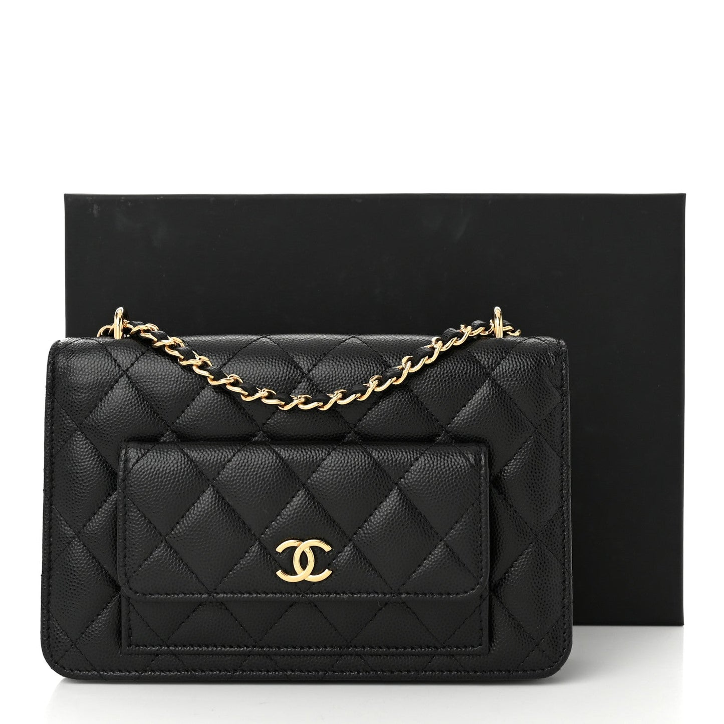 Caviar Quilted Pocket Clutch With Chain WOC Black