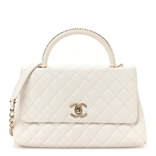 Caviar Quilted Small Chain Coco Handle Flap White
