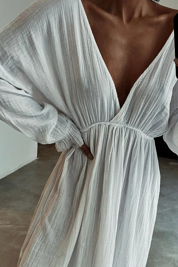 Vestido informal de algodón y lino con escote en V y abertura