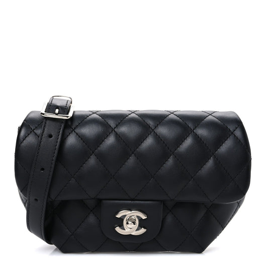 Calfskin Quilted CC Uniform Flap Belt Bag Black