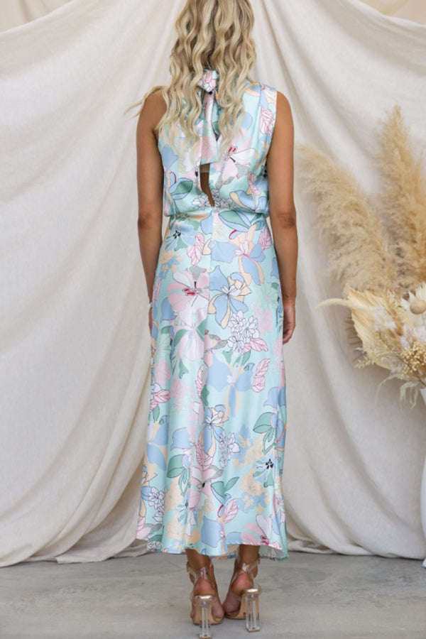 Vestido largo con cuello halter y cintura elástica con estampado floral "Love In The Garden" 