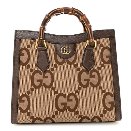 Monogram Jumbo GG Textured Dollar Calfskin Small Diana Tote Bag Camel Ebony New Acero
