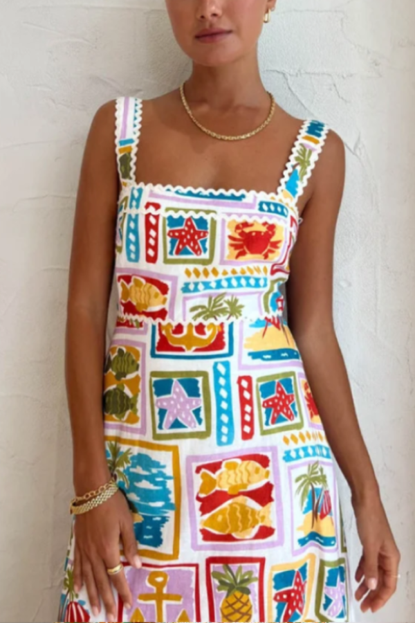 Vestido largo con tirantes y borde ondulado con impresión artística de pintura al óleo vintage