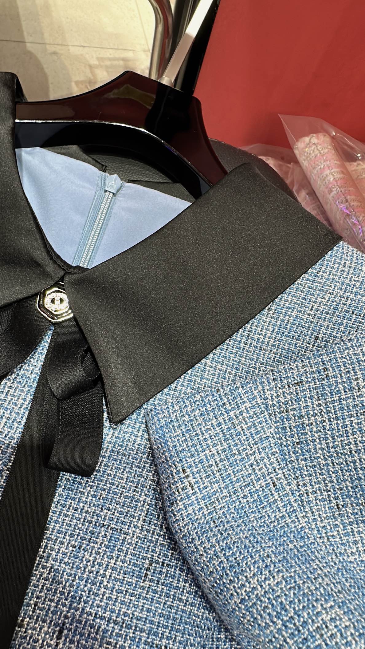 CC Vintage Suit Woolen Bow Neck Dress Blue Wool